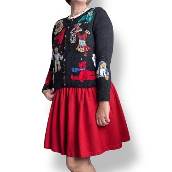 Vintage Susan Bristol Teddy Bear Applique Black Knit Cardigan Sweater Petite - Picture 13 of 13